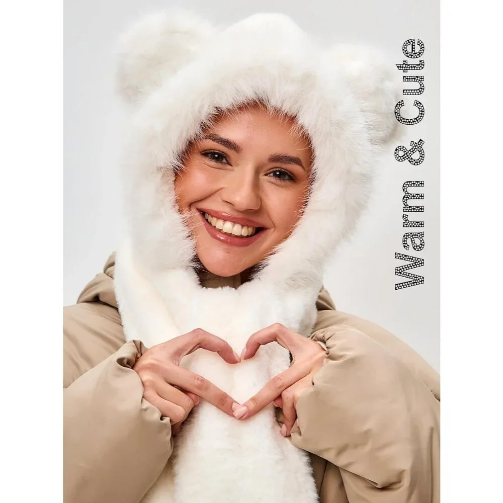 Kids White Faux fur Cute Cat Ears Winter Hat, 3 in 1 Plush Animal Hat Imported